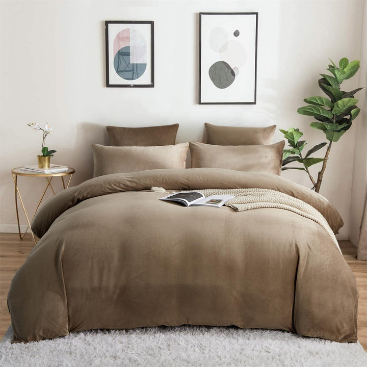 Freyamy Plüsch Bettwäsche 200x200cm 3Teilig Braun Flanell Flauschige Winterbettwäsche Samt Biber Cas
