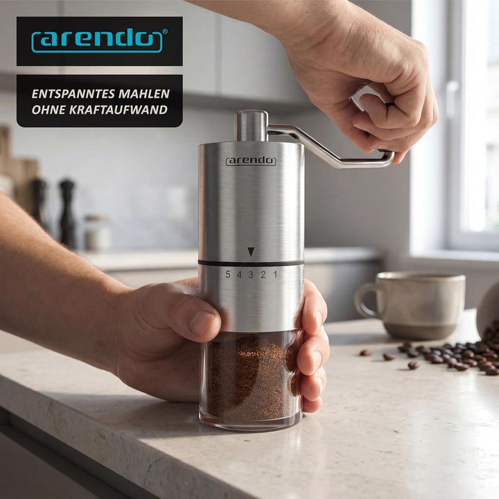 Arendo - Kaffeemühle manuell Edelstahl – Keramikkegelmahlwerk – verstellbarer Mahlgrad – Handmühle –
