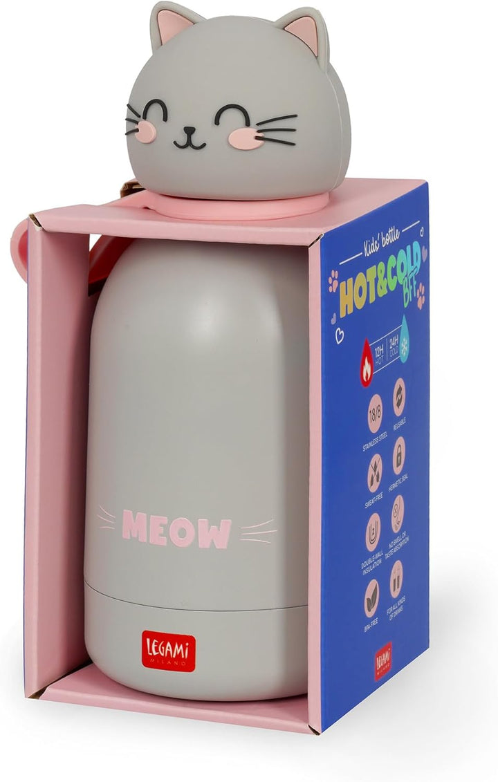 Legami - Hot&Cold BFF Kinder-Wasserflasche, Kitty-Motiv, doppellagig aus 18/8 Edelstahl mit luftdich