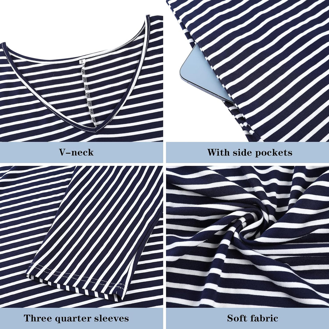 Uniexcosm Nachthemd Damen Lange Baumwolle 3/4 Ärmel Nachtkleid Nachtwäsche V-Ausschnitt Freizeitklei
