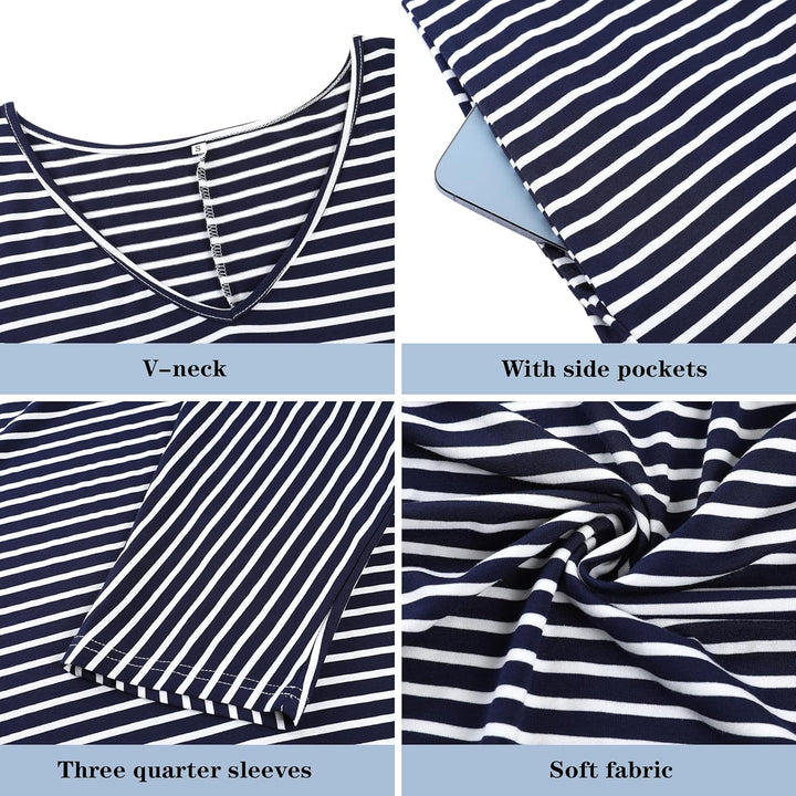 Uniexcosm Nachthemd Damen Lange Baumwolle 3/4 Ärmel Nachtkleid Nachtwäsche V-Ausschnitt Freizeitklei