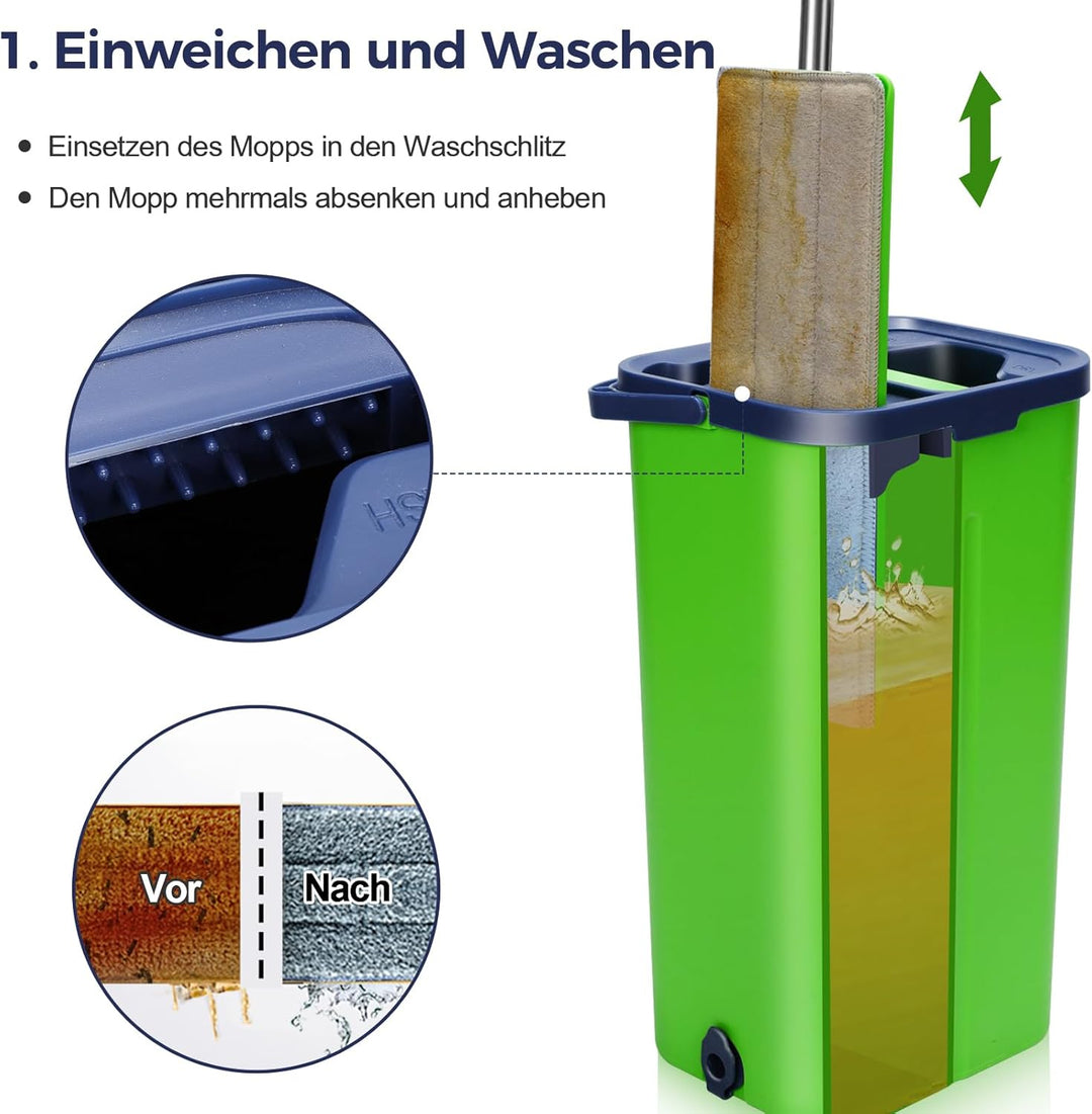 MASTERTOP Wischmopp Set mit Eimer, Bodenwischer und Eimer mit Auswringfunktion, Nass- und Trockenmop