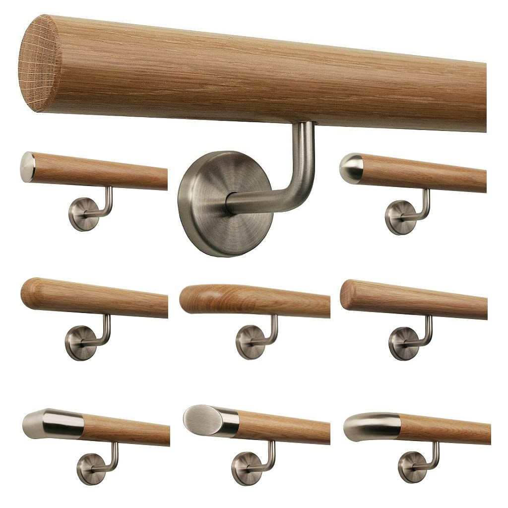TIBU Eiche Holz Handlauf Geländer 0,3m - 6m, Länge 180 cm, Ende gefast und 3 gewinkelte Halter 180 m