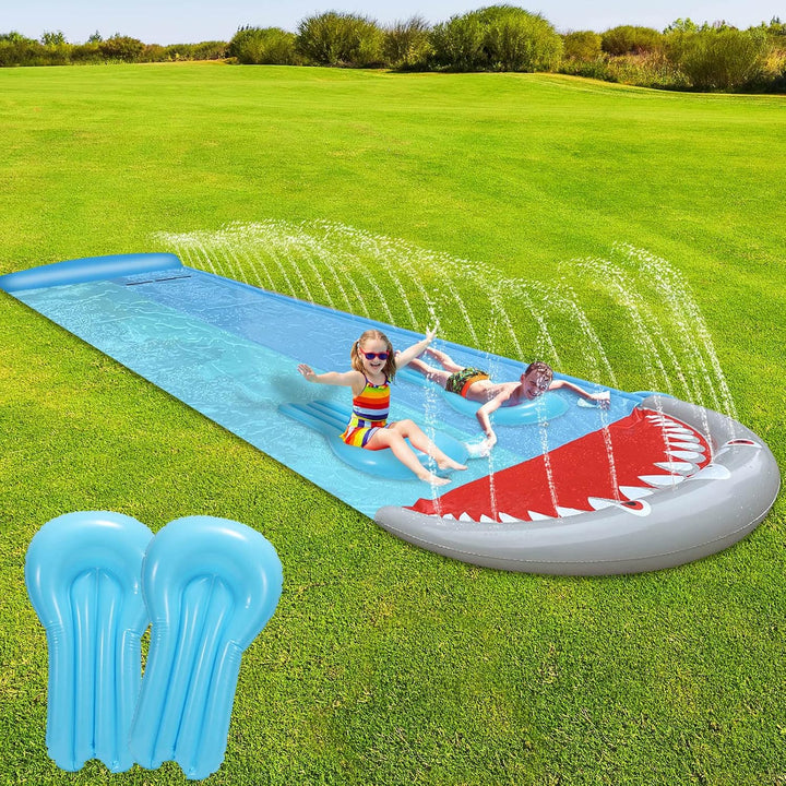 550x145cm Wasserrutsche, Doppel Wasser Rutsche, Wasserspielzeug Wassermatte mit 2 Bodyboards, Sommer