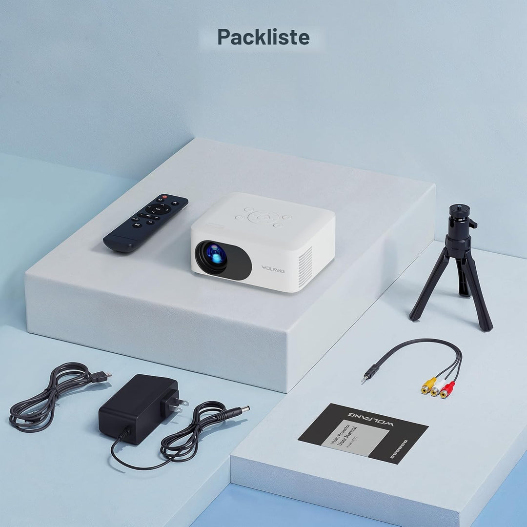 WOLFANG Mini Beamer mit Stativ, Full HD 1080P Unterstützt Beamer Handy Tragbarer, Outdoor Beamer Hei