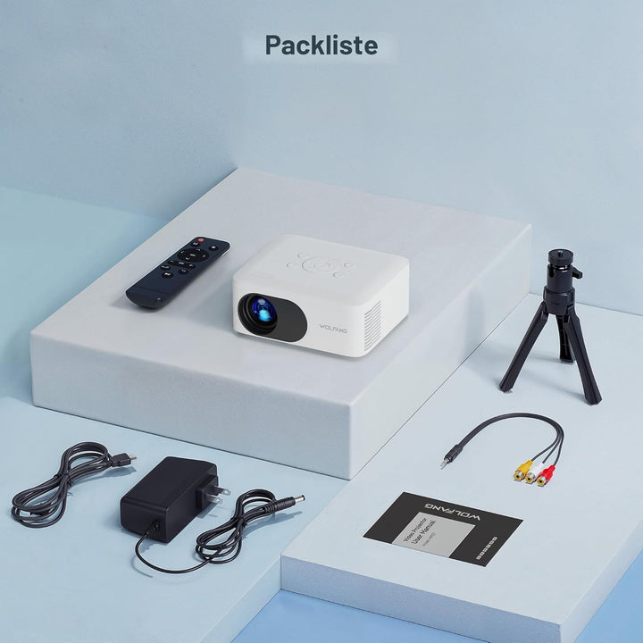 WOLFANG Mini Beamer mit Stativ, Full HD 1080P Unterstützt Beamer Handy Tragbarer, Outdoor Beamer Hei