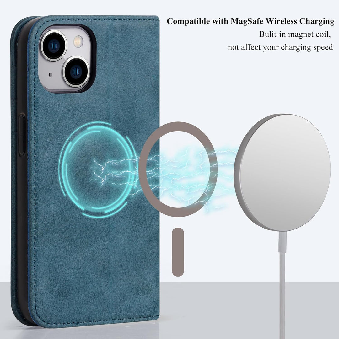 VISOUL Hülle für iPhone 15, Schutzhülle [Echt Leder] [Schützt vor Stoss] [Kartenfach] [Magnetverschl