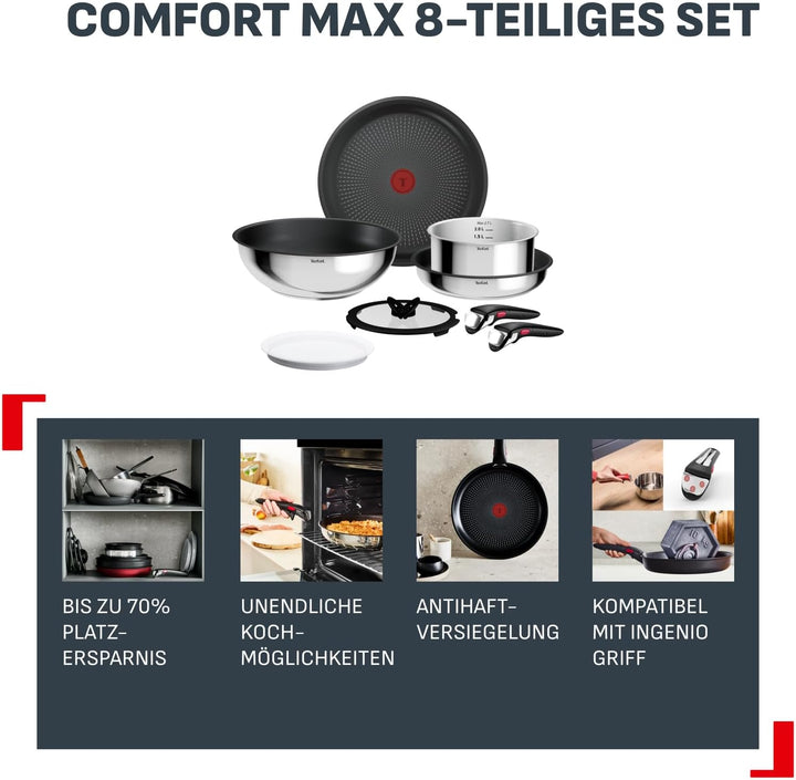 Tefal Ingenio Comfort Max 8-tlg. Kochgeschirr-Set, Titanium Antihaftversiegelung, stapelbar, platzsp