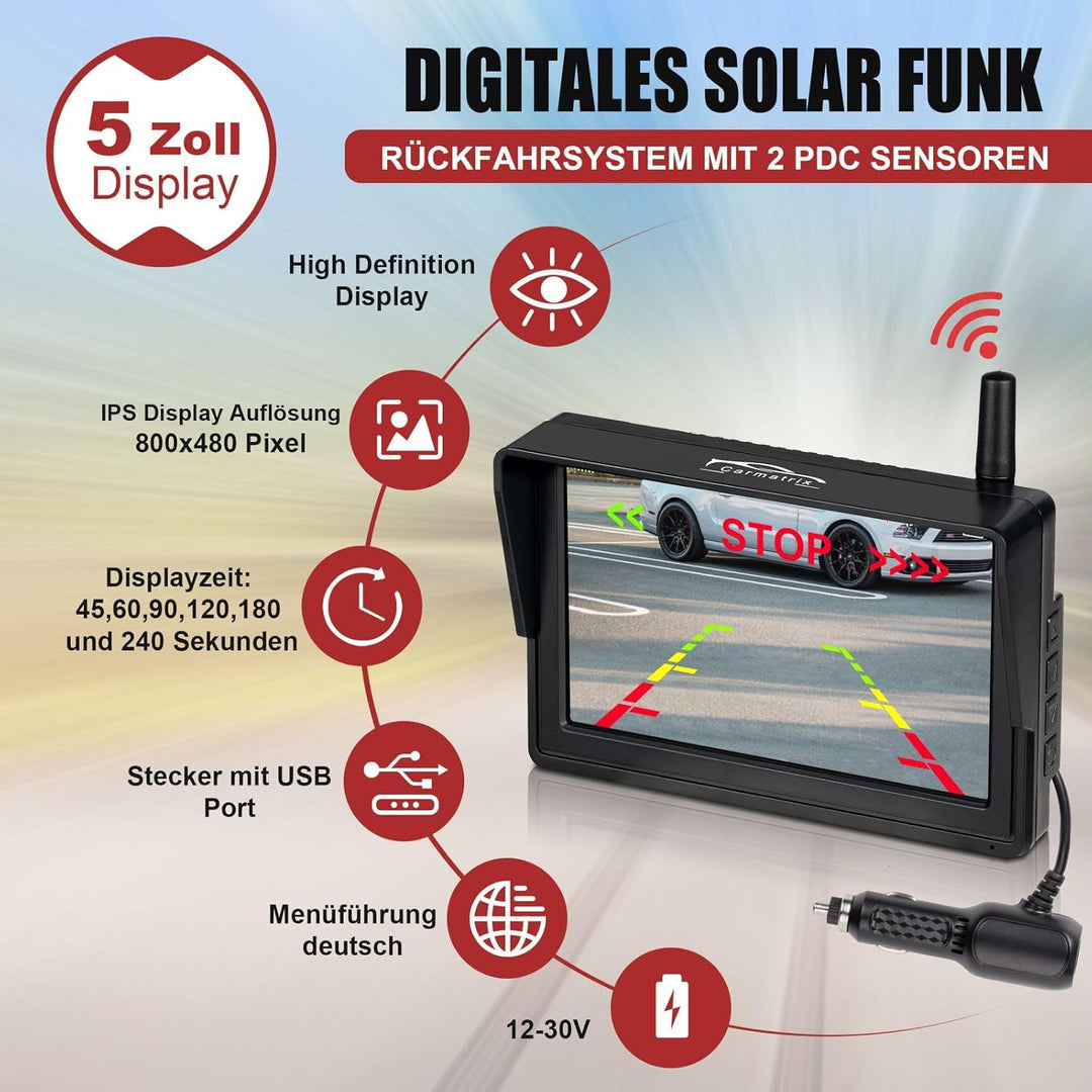 Funk Solar Auto Rückfahrkamera im Nummernschild 5" IPS Monitor Rückfahrsystem mit Solarpanel im Kenn