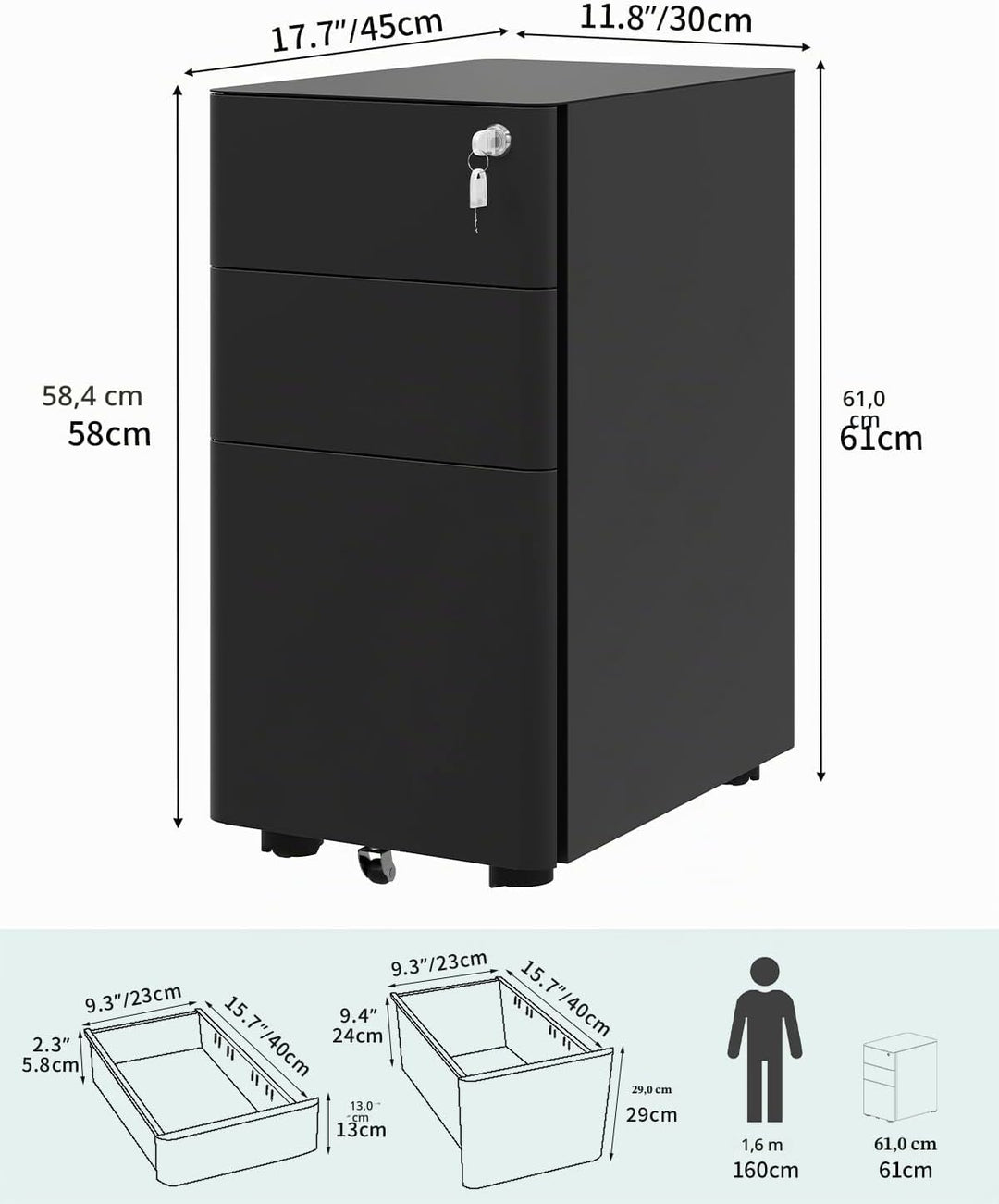 YITAHOME Rollcontainer mit 3 Schubladen, Metall Abschliessbar Aktenschrank für A4, Legal, Letter, Mo