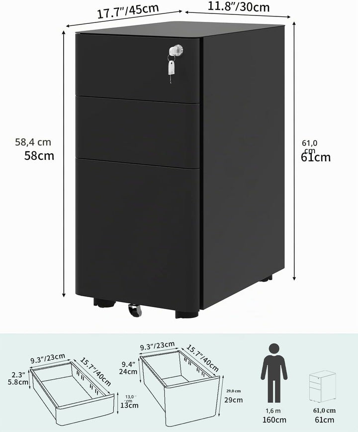YITAHOME Rollcontainer mit 3 Schubladen, Metall Abschliessbar Aktenschrank für A4, Legal, Letter, Mo