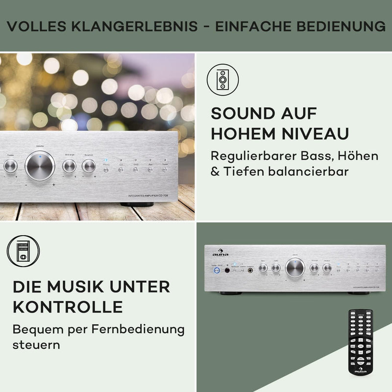 Auna Verstärker, HiFi Stereo Mini Verstärker, HiFi-Verstärker mit Bass & Treble Regler, 2 Kanal Audi