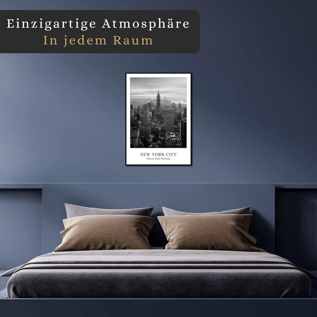 daazoo Rahmenbild Empire State Building | Wandbild mit Rahmen schwarz Hochformat | Bild New York Cit