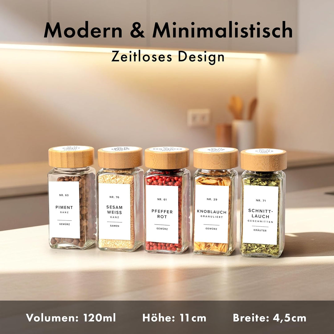 EDELHAUS® Gewürzgläser Eckig mit Bambus Holzdeckel (24 Stück) Gewürzdosen mit Streueinsatz und 240 E