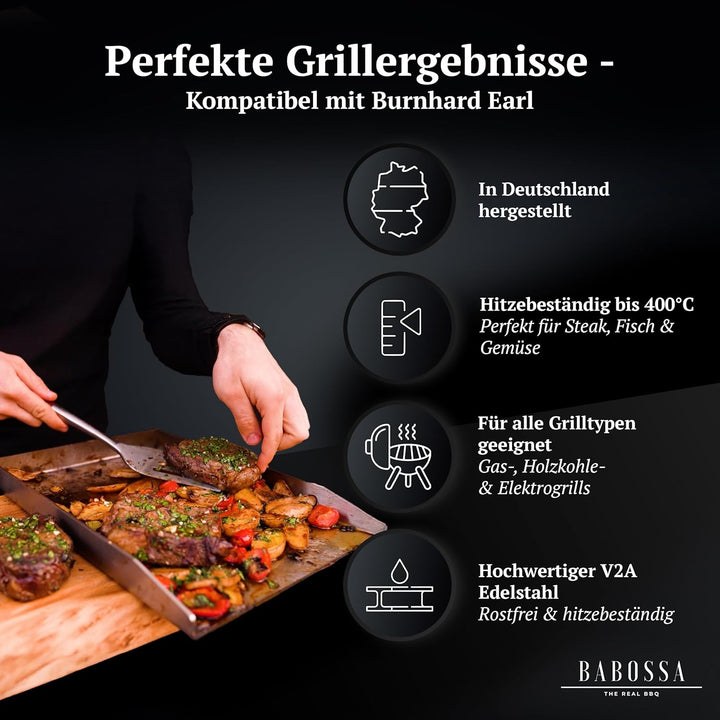 BABOSSA Grill Plancha aus V2A Edelstahl – Erstklassige Verarbeitung & perfekte Hitzeverteilung – kom