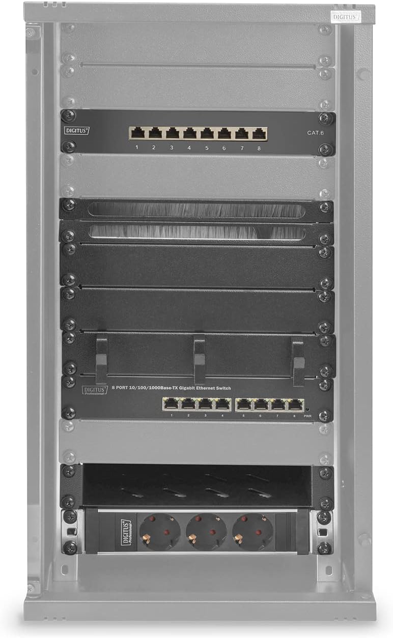 DIGITUS 10-Zoll Set - Netzwerk-Schrank 12HE Schwarz - Fachboden - Steckdosenleiste - 8-Port Patch-Pa