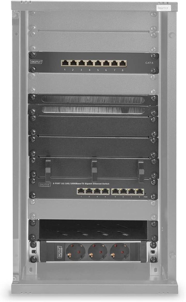 DIGITUS 10-Zoll Set - Netzwerk-Schrank 12HE Schwarz - Fachboden - Steckdosenleiste - 8-Port Patch-Pa