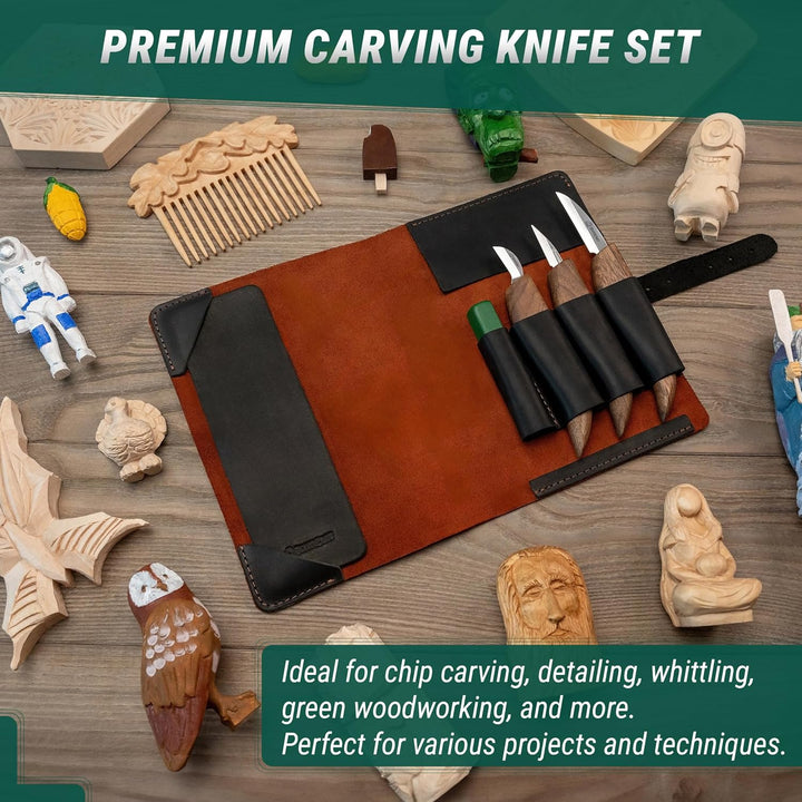BeaverCraft Deluxe S15X Holzschnitzmesser-Set mit Ledertasche – Holzschnitz-Set Premium-Holzschnitzw