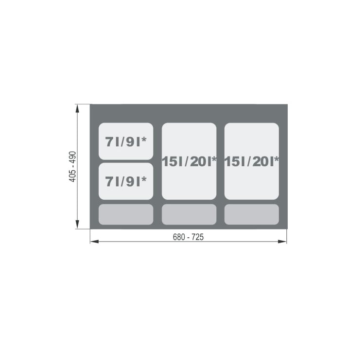 REJS Mülltrennsystem Küche für 80 cm Schrank 4-fach 2 x 20L + 2 x 9L mit Deckel & Griff Einbau Abfal