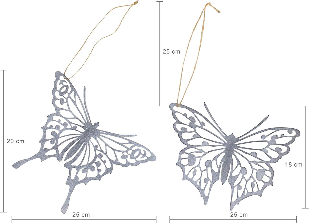2 x Metall Schmetterling filigran zum Hängen Dekoration grau Silber Tierfigur Gartendeko 2er Set Mot