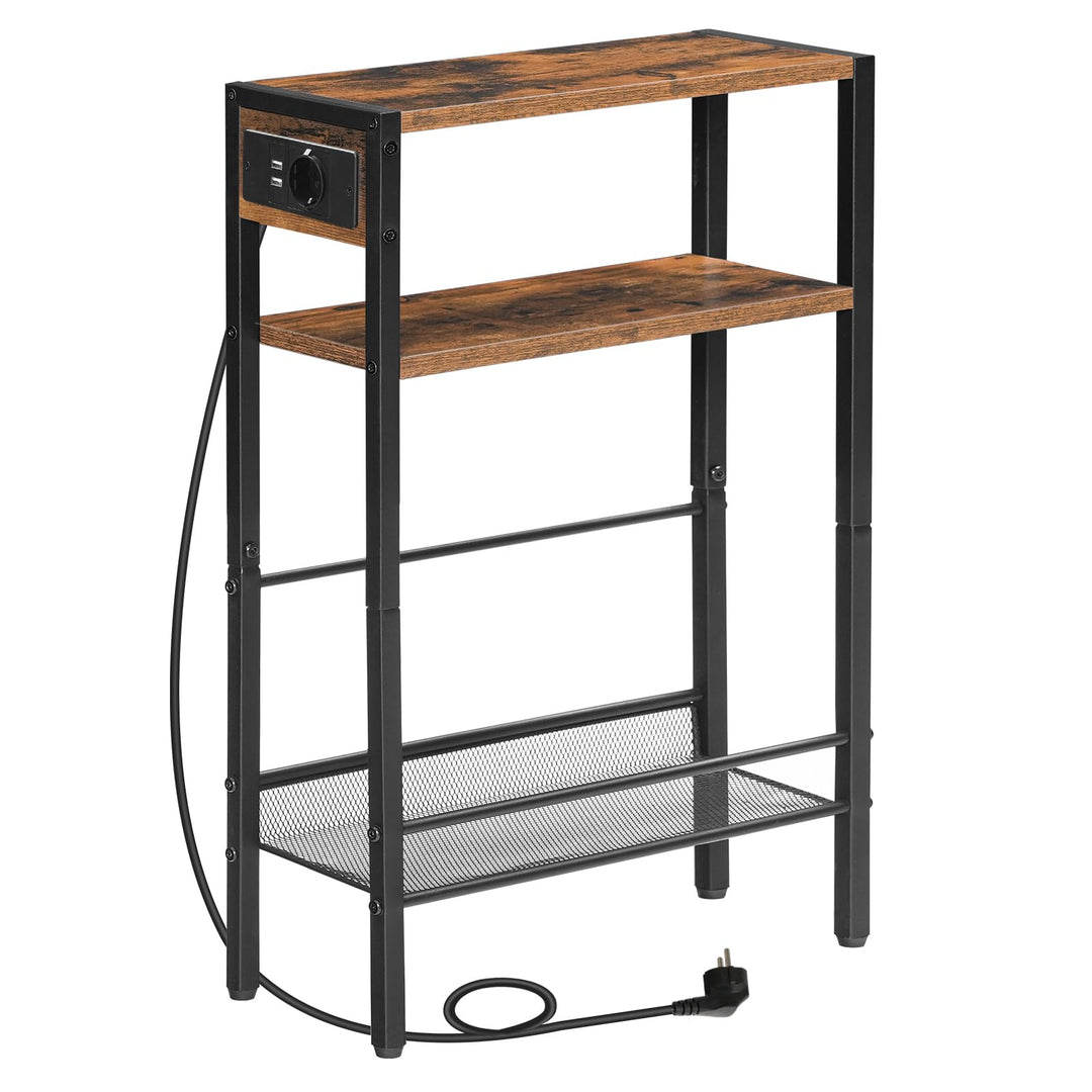 HOOBRO Beistelltisch mit Steckdosenleiste, 3-stufiger schmaler Nachttisch, 1 Standardsteckdose und 2