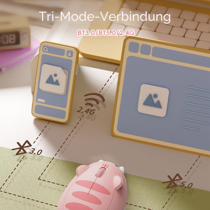 Akko Niedliche kabellose Maus mit Katzenmotiv, rosa Maus, Tri-Mode-Mäuse Bluetooth 3.0/5.0/2.4G USB-