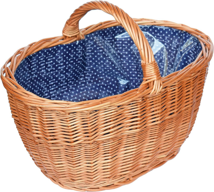 Grosser Einkaufskorb / Autokorb aus Weide mit Henkel und Stoffeinlege in Blau mit punkten oval Typ