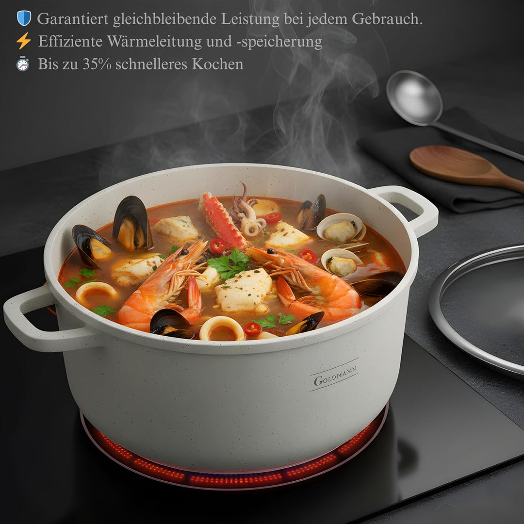 GOLDMANN Premium Gussaluminium Kochtopf 28 CM (6.5L) – Keramik-Marmor Antihaft-Kasserolle mit Glasde