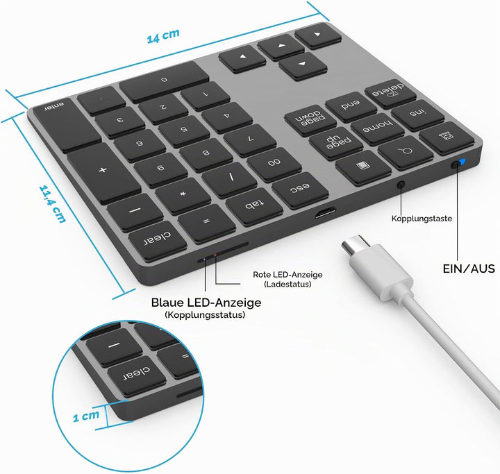 Bluetooth Ziffernblock, Bluetooth Nummerntastatur 34-Tasten, Wireless NumPad kabellose Nummer Tastat