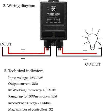 ZHOFONET 12v Funkschalter,IP65 Wasserdicht Fernschalter mit 4900ft Langstrecken,DC 12V/24V/48V/72V/4