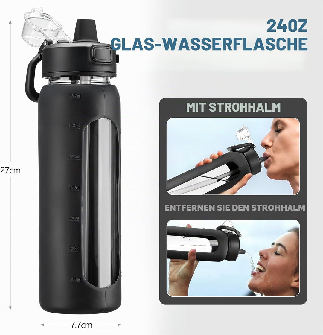 BLUEGO 700ml Trinkflasche Glas mit Strohhalm und Griff Auslaufsichere Wasserflasche mit Silikonhülle