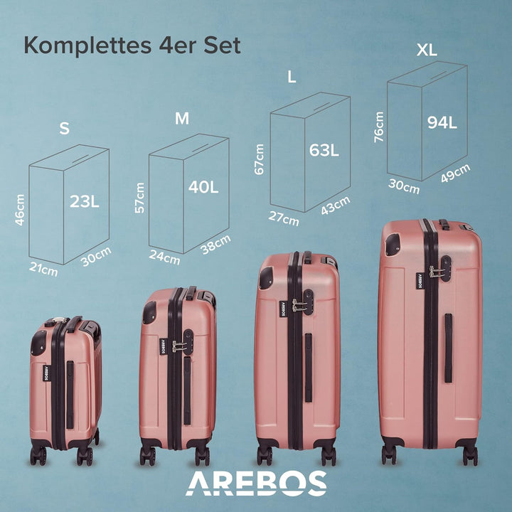 Arebos Reisekoffer 4er Set I ABS-Hartschale I Trolley Kofferset I Teleskopgriff I Inkl. Reissverschl