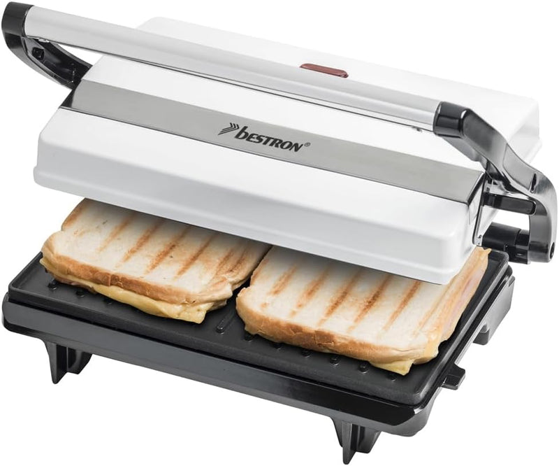 Bestron Kontaktgrill mit Auffangschale, Sandwichmaker mit Cool-Touch-Handgriff, Paninimaker mit Anti