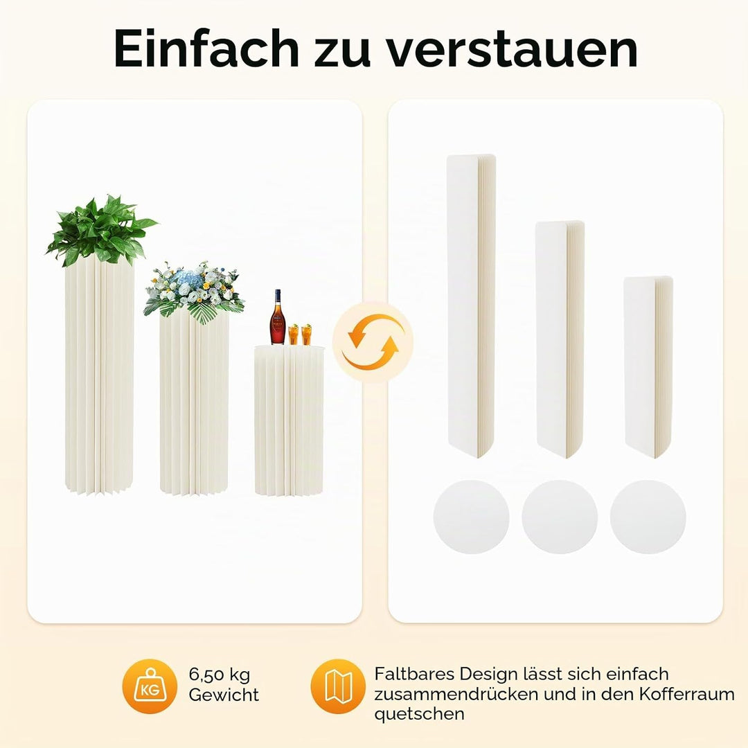 3 Stück Hochzeit Karton Blumensäule Vasen, Blumenständer Dekosäule Faltbarer Deko Säulen mit PVC-Pla