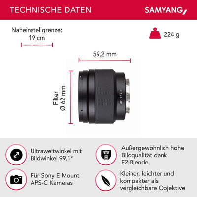 Samyang AF 12mm F2.0 E Objektiv für Sony E – Autofokus APS-C Weitwinkel Festbrennweite Objektiv für