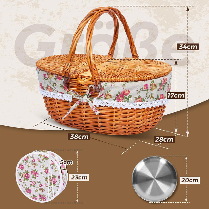 Picknickkorb-Set aus Weide für 4 Personen mit Deckel und Griff. Picknickkorb mit waschbarem Futter u