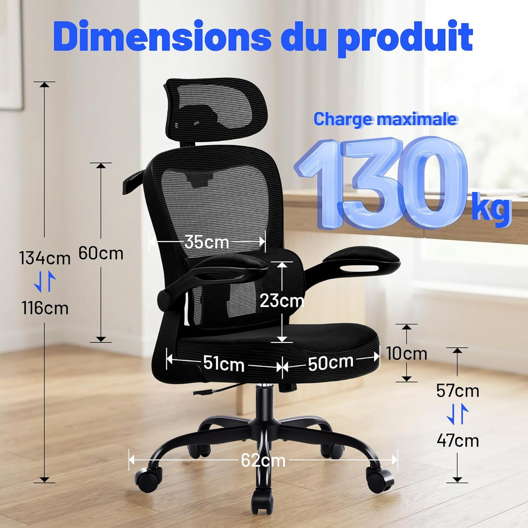 Bürostuhl Ergonomisch mit Kopfstütze, Verstellbarer Lendenwirbelstütze & Netzbespannung, Höhenverste
