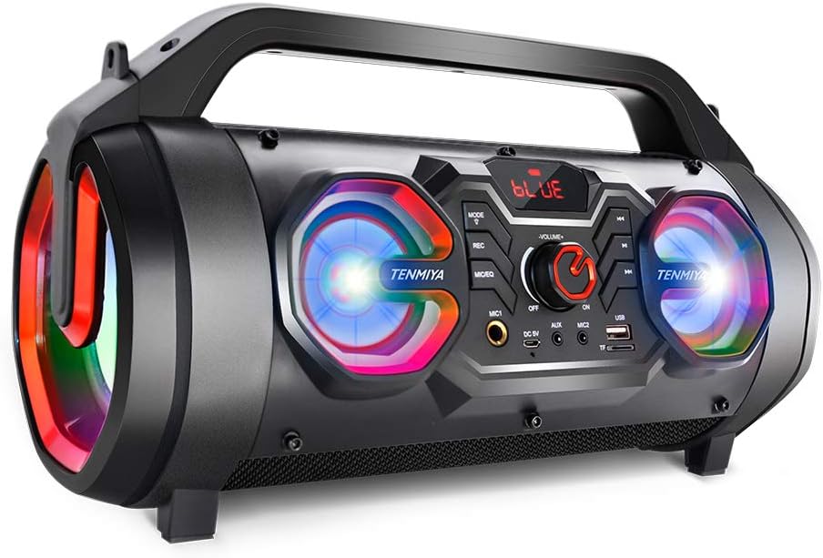 TENMIYA Bluetooth Lautsprecher, 30W Musikbox Bluetooth mit Subwoofer, FM Radio, RGB Licht. 10h Akku
