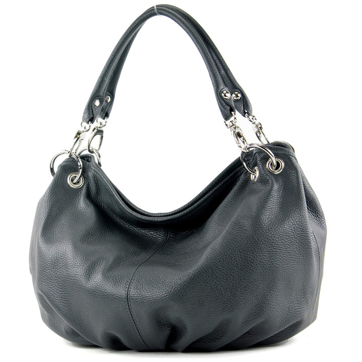 modamoda de - IT40 - ital. Damen Schultertasche aus Leder Anthrazitgrau Leder, Anthrazitgrau Leder