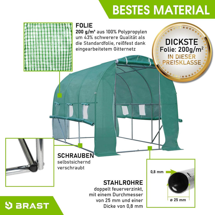 BRAST® Gewächshaus Foliengewächshaus mit Stahlfundament 200x300 cm Seitenwände aufrollbar Erdanker s