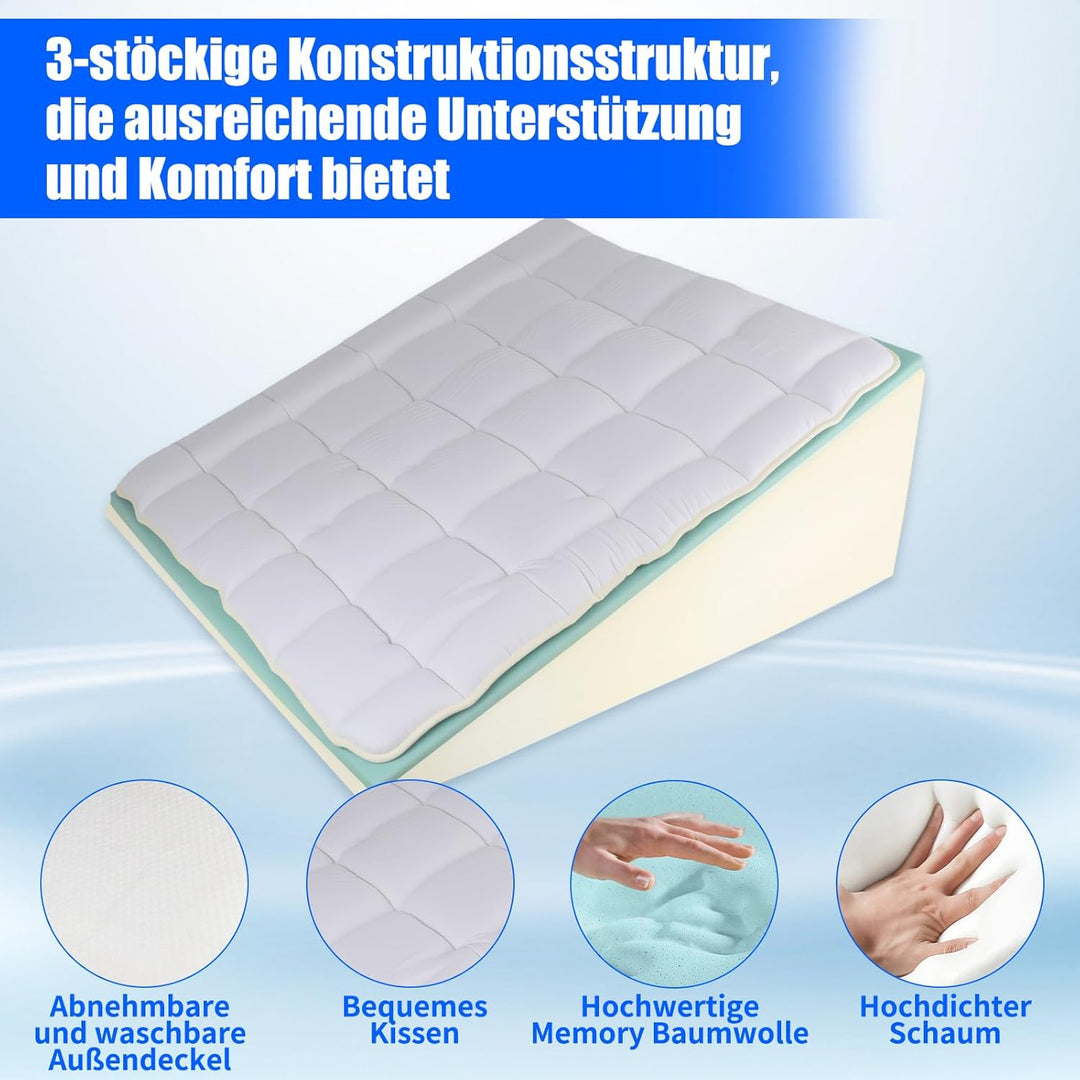 Keilkissen Bett, 3 Lagen mit Memory-Schaum Top, Weichem Kissen, Lesekissen für Bett und Couch, Schau