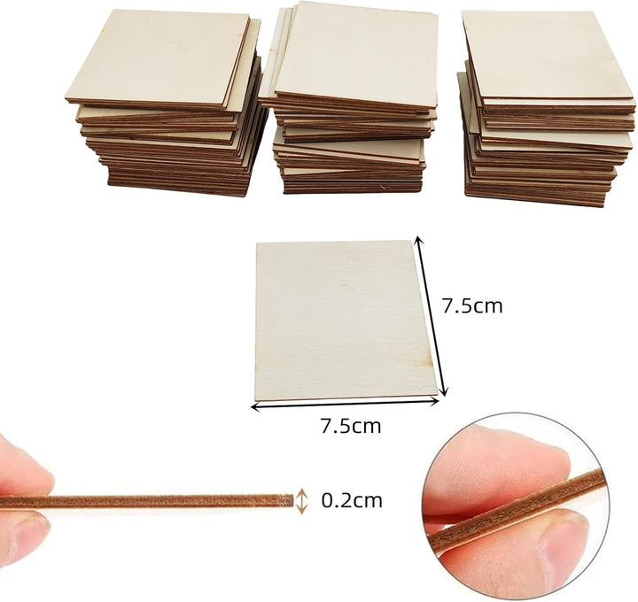 100 Stück unfertige Sperrholzblätter, 7,5 x 7,5 x 0,2 cm, quadratische Holzblätter, Blanko-Holzblätt