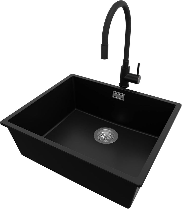 Granitspüle Schwarz 56x47cm, Spülbecken 1 Becken + Ablauf-Set + Küchenarmatur, Küchenspüle ab 60er U