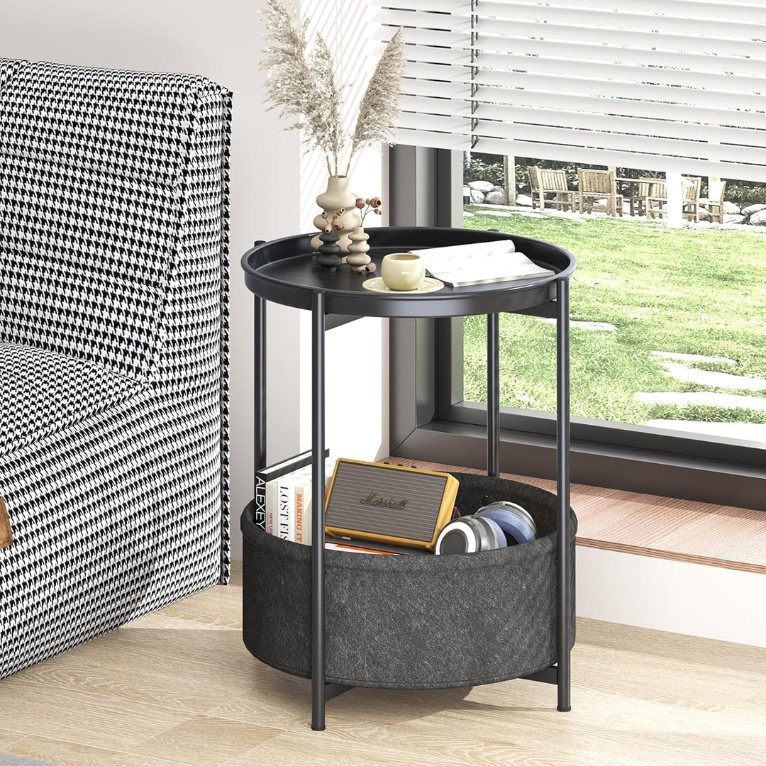 Beistelltisch Rund, Kleiner Tisch, Metall Balkontisch, Sofatisch 2 Ebenen, Couchtisch mit Korb aus S