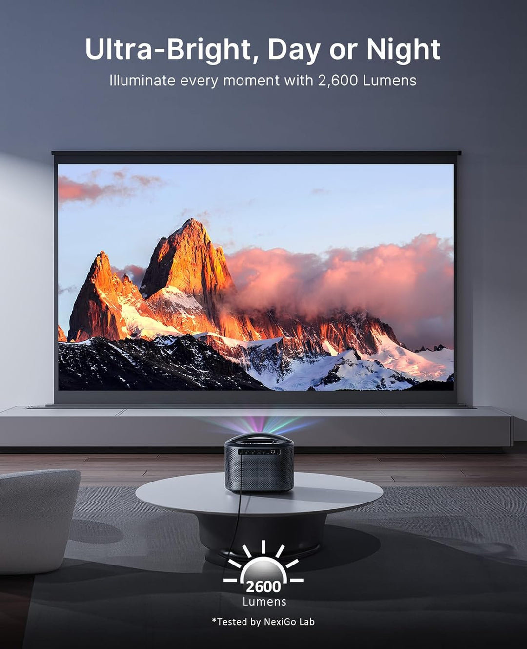 NexiGo TriVision Ultra, 4K Tri-LED-Laser tragbarer Projektor, 2600 Lumen, kein Laserspeckle, Keine A