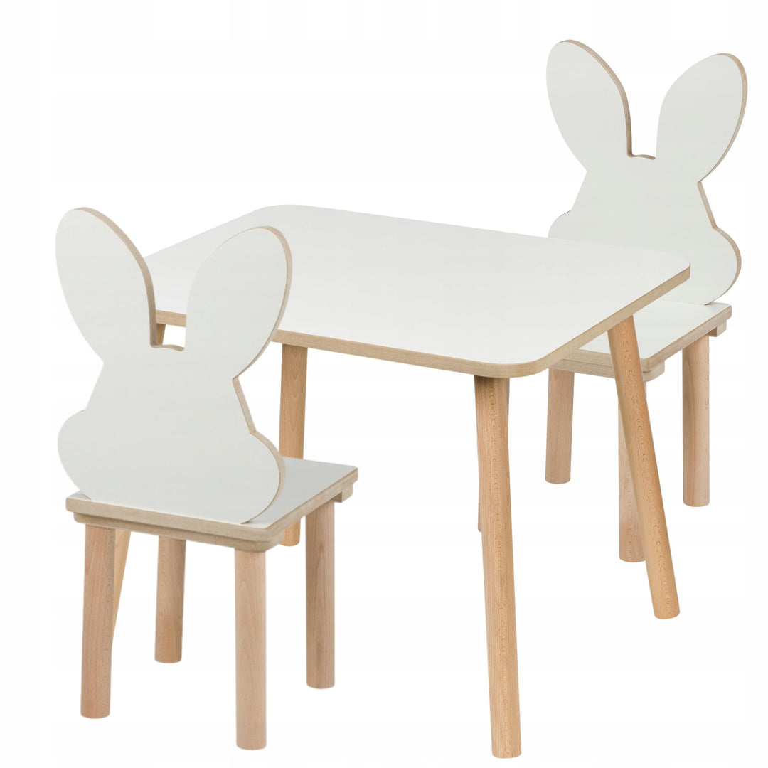 Kindertisch + 2 Hasen‑Stühle Set 60×50×47cm – Kinder Tisch &amp; Stuhl Set aus MDF &amp; Holz – weisses Desi