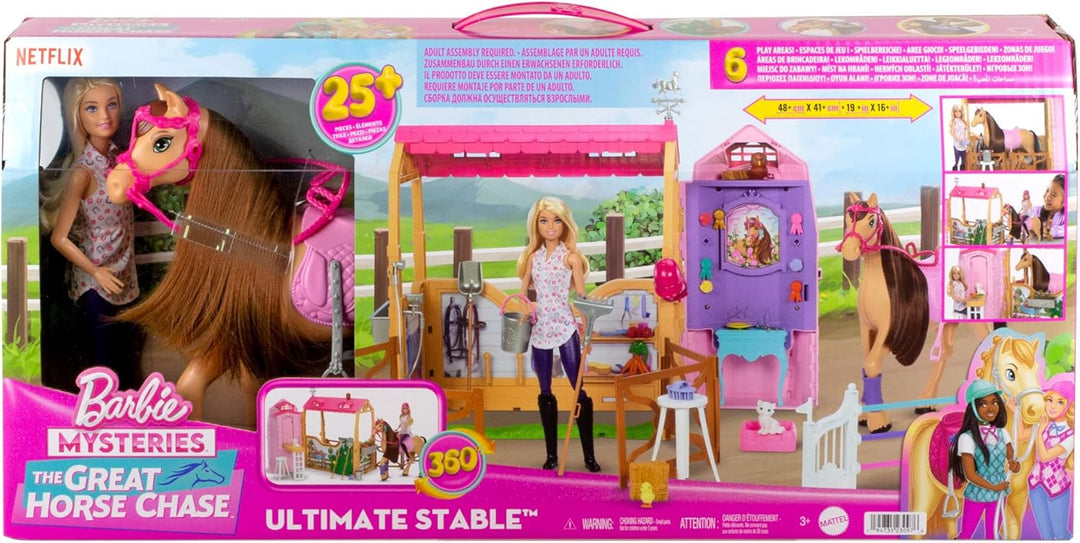 Barbie Spielzeugstall-Spielset mit Puppe, Pferd und Zubehör, mehr als 25 Teile mit 6 Spielbereichen,