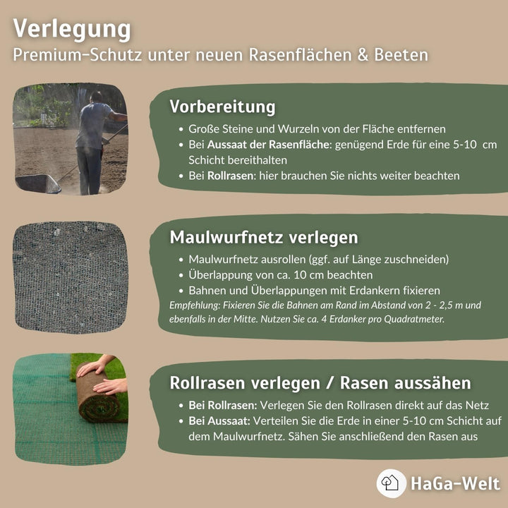 HaGa® Maulwurnetz 2,6m x 10m = 26m² Tierfreundliche Maulwurfabwehr - Maulwurfstopp mit Maulwurfsperr
