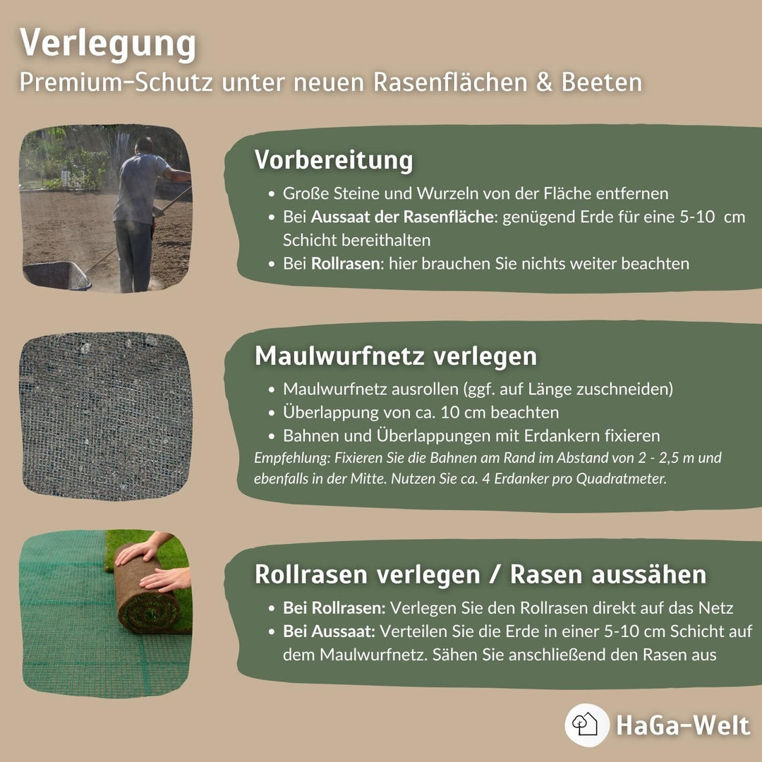 HaGa® Maulwurfnetz 1m x 100m Maulwurf Maulwurfschutz für Rasen und Rollrasen Laubschutznetz Teichnet
