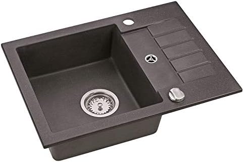VBChome Spüle Schwarz 58 x 42 cm mit Spültischarmatur Granit Einzelbecken Einbauspüle gesprenkelt re